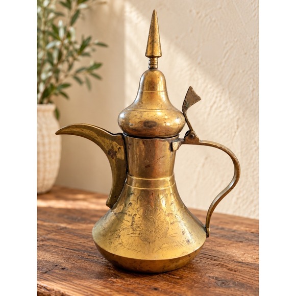 Vintage Other - Vintage Brass Dallah Coffee Pot Etched Middle Eastern Decorative Pitcher 9in